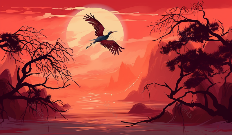 鸟儿飞过夕阳映衬下的山川河流手绘背景,插画/手绘图,插画/手绘图库,插画/手绘图下载,插画/手绘